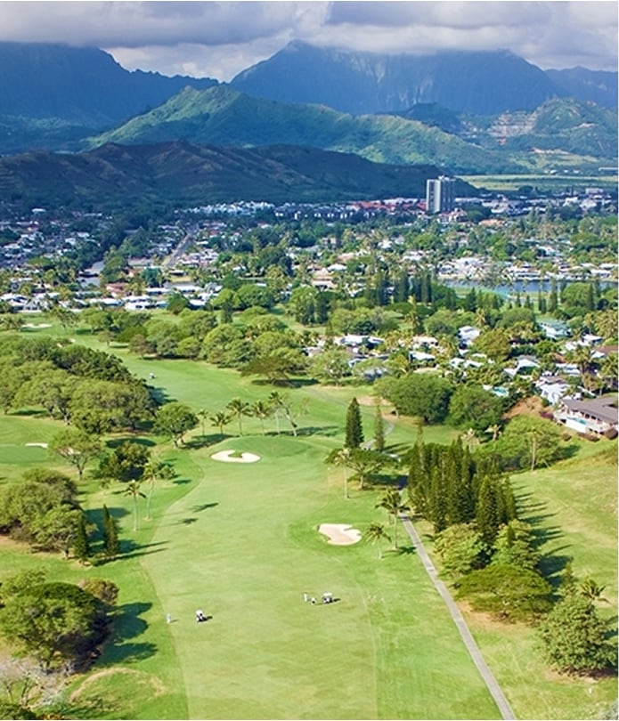 Mid-Pacific's golf course stretching toward the Koʻolau Mountains and Lanikai coast